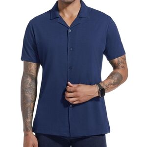 NEW navy blue button down short sleeve‎ wrinkle free golf active casual shirt XL